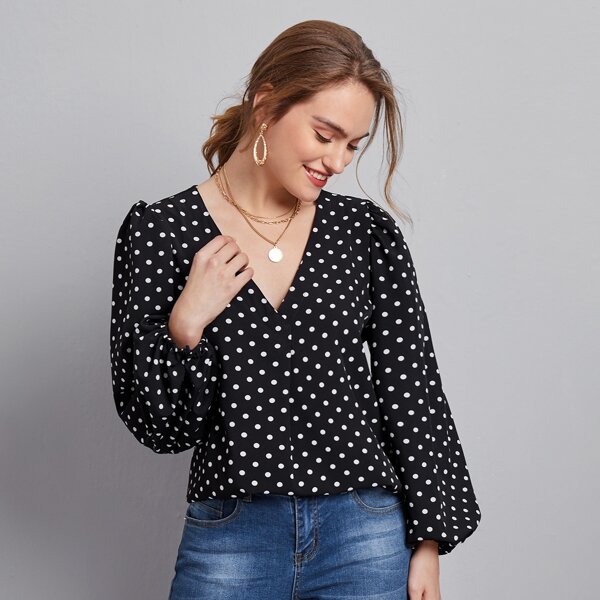 

Polka Dot Lantern Sleeve Top, Black