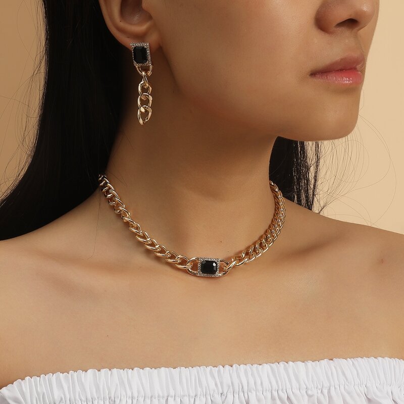 

3pcs Rhinestone Chunky Chain Jewelry Set, Gold
