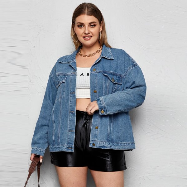 

Plus Drop Shoulder Button Front Denim Jacket, Medium wash