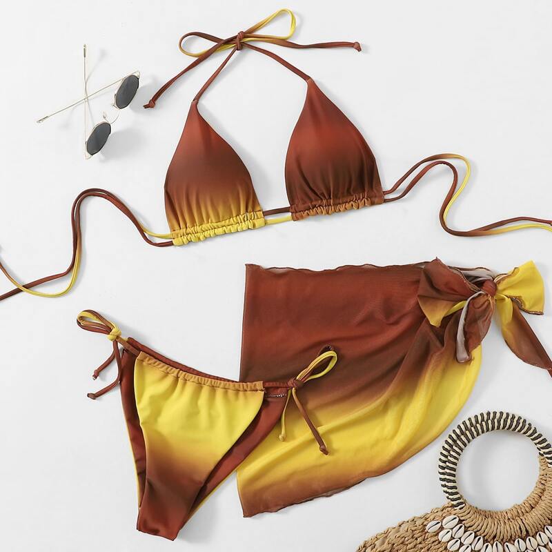 

Ombre Halter Bikini Swimsuit With Beach Skirt, Multicolor