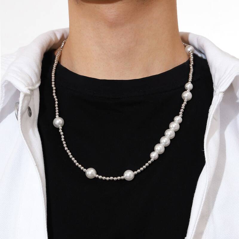 

Guys Faux Pearl Beaded Necklace, Silver
