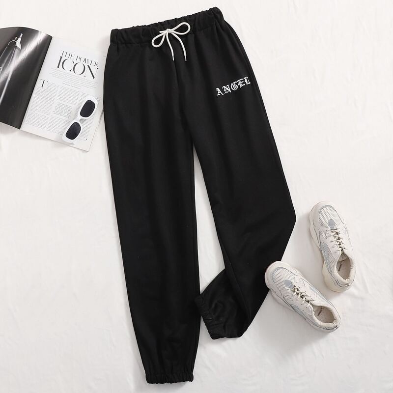 

Letter Embroidery Drawstring Joggers, Black
