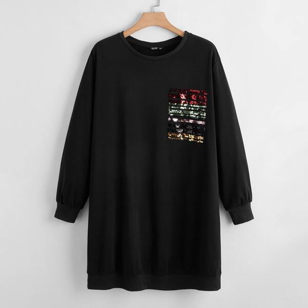 

Plus Contrast Sequin Sweatshirt Dress, Black