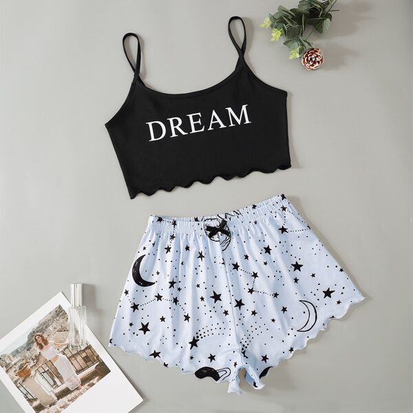 

Letter & Galaxy Print Scallop Trimed Crop Cami Top & Shorts PJ Set, Multicolor