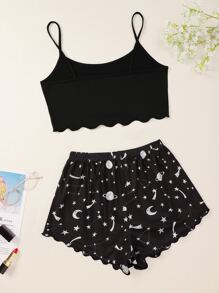 Galaxy Print Lettuce Trim PJ Set / Pajama Set - Black - View 2