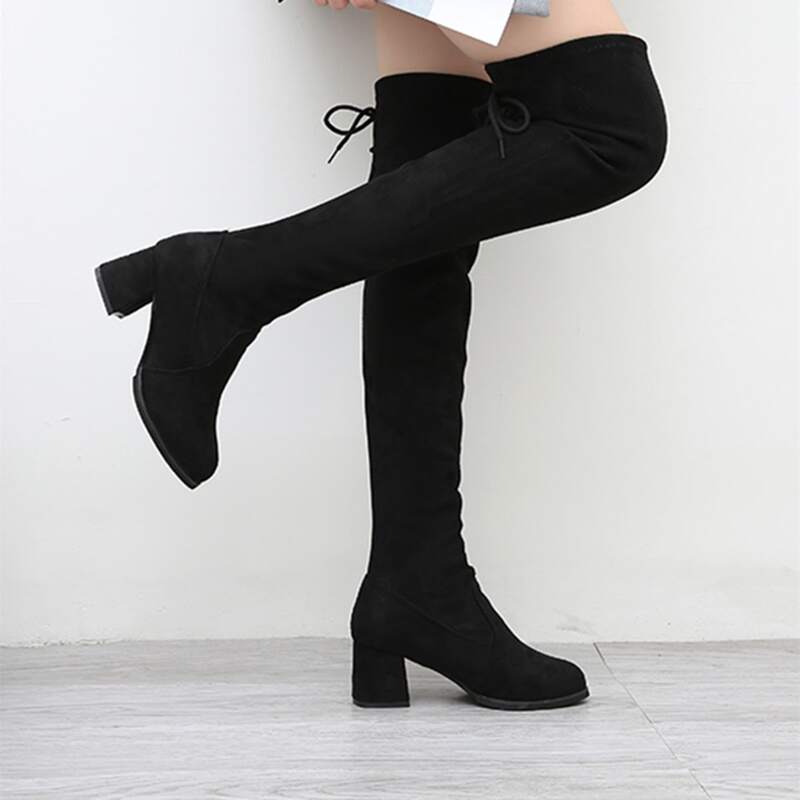 

Tie Back Over The Knee Chunky Heeled Boots, Black