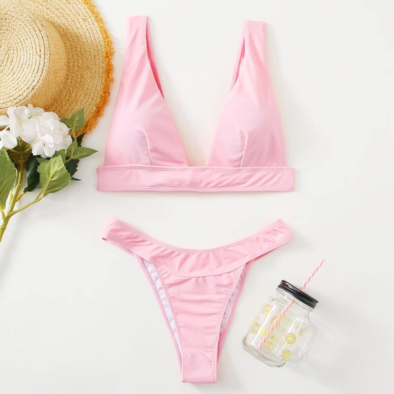 

Plain High Leg Bikini Swimsuit, Baby pink