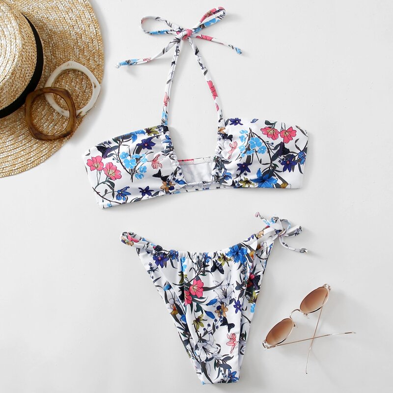 

Floral Halter Tie Side Bikini Swimsuit, Multicolor