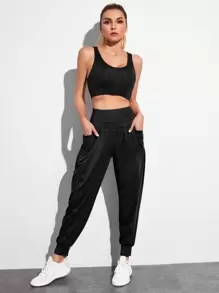 Gameset SHEIN Sport Quần Thể thao Nữ Túi màu trơn - màu đen - Xem 5