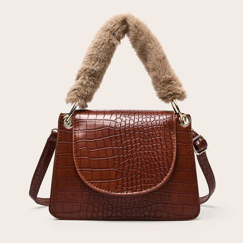 

Faux Fur Handle Croc Effect Bag, Brown