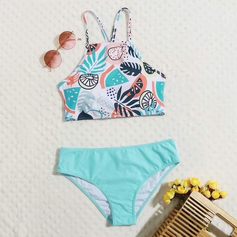 

Fruit Print Lace-up Bikini Swimsuit, Multicolor