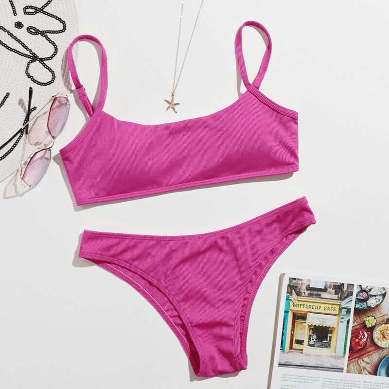 

Ribbed Cami Bikini Swimsuit, Hot pink