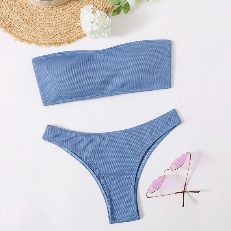 

Ribbed Bandeau Bikini Swimsuit, Dusty blue