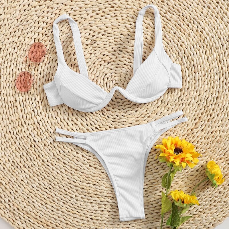 

Ribbed Underwire Thong Bikini Swimsuit, White