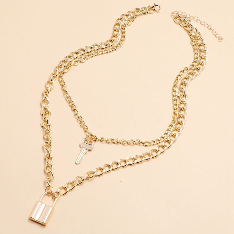 

Key & Lock Chunky Chain Layered Necklace, Gold
