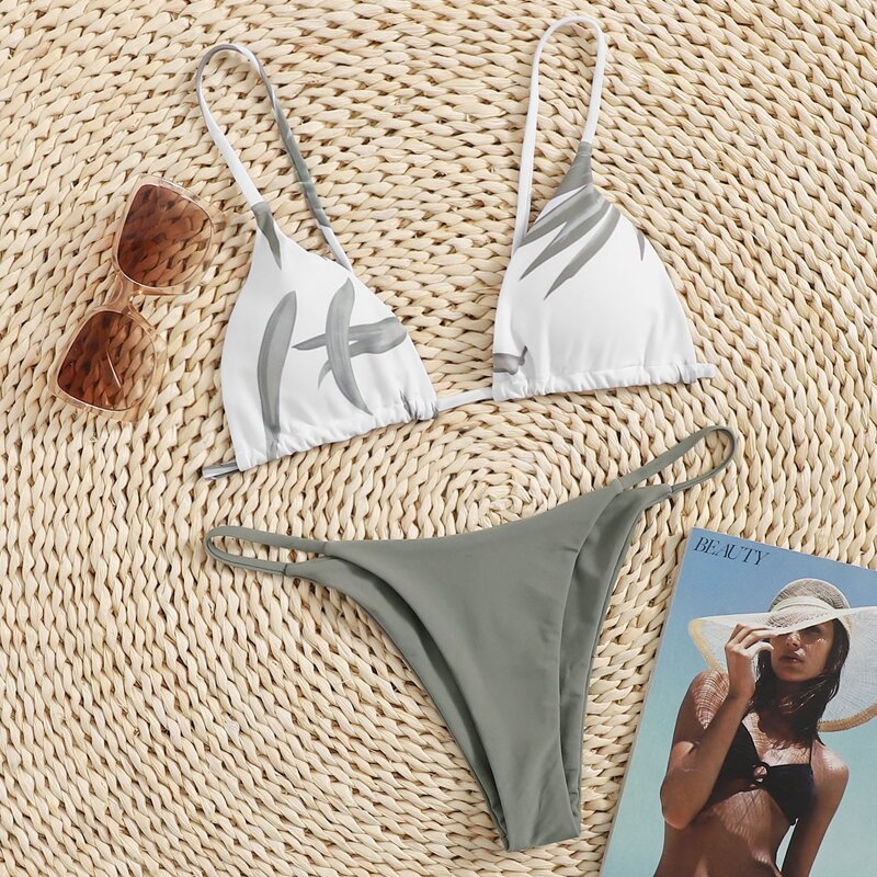 

Leaf Print Tanga Bikini Swimsuit, Multicolor