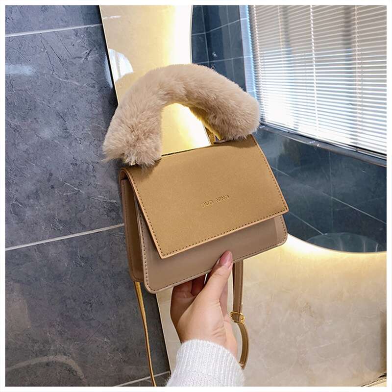 

Faux Fur Handle Flap Satchel Bag, Khaki