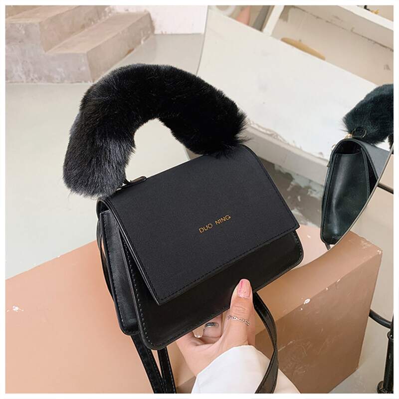 

Faux Fur Handle Flap Satchel Bag, Black