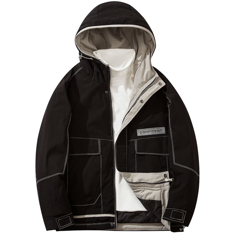 

Guys Flap Pocket Letter Graphic Hooded Coat, Black
