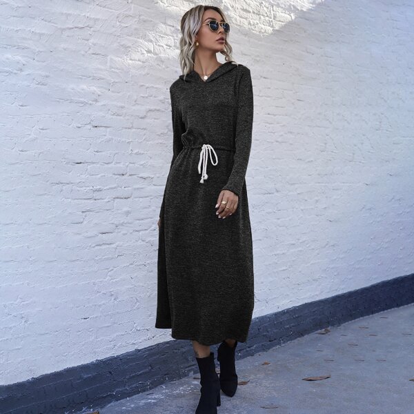 

Drawstring Waist Marled Knit Hooded Dress, Black