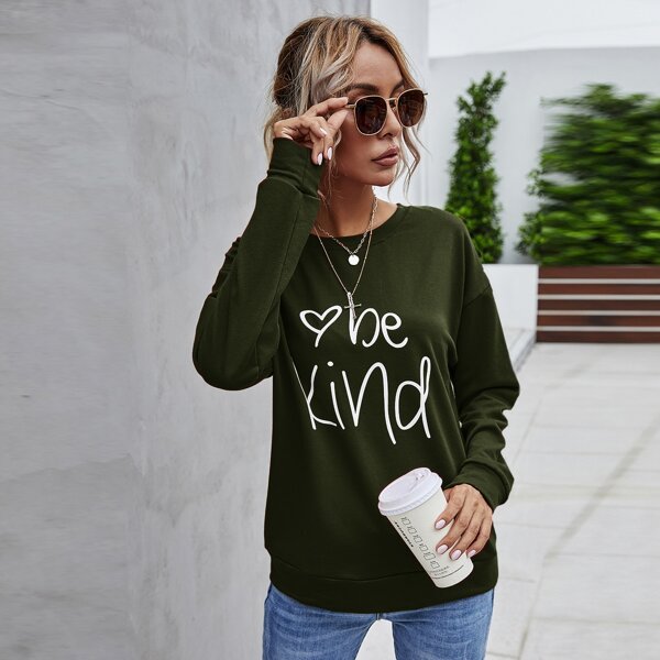 

Drop Shoulder Heart & Letter Graphic Sweatshirt, Army green