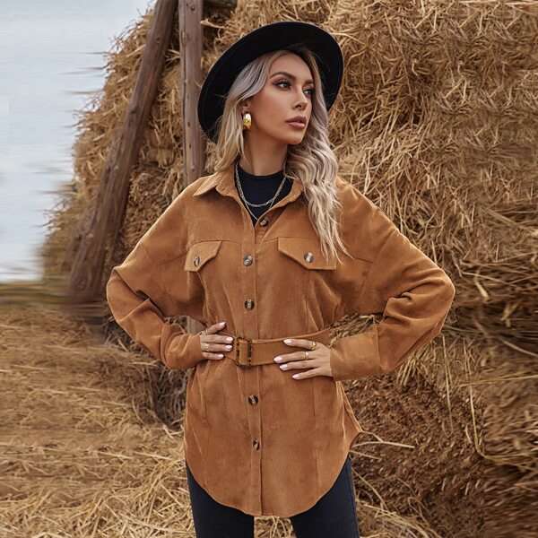 

Corduroy Flap Detail Belted Overshirt, Brown