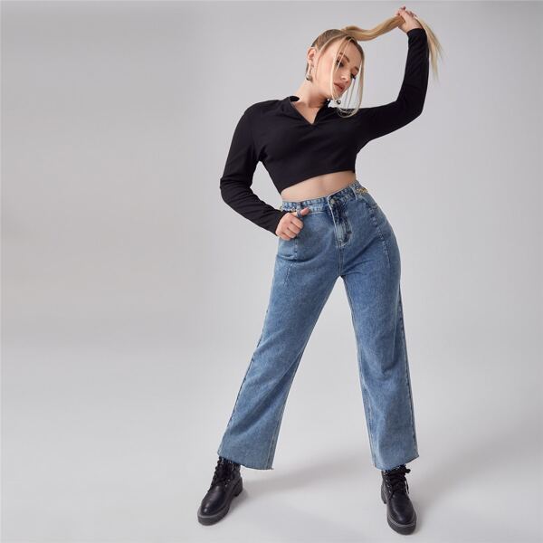 

Plus Raw Hem Straight Leg Jeans, Medium wash