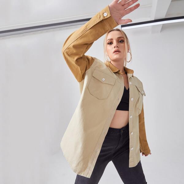 

Plus Color Block Button Front Denim Jacket, Khaki