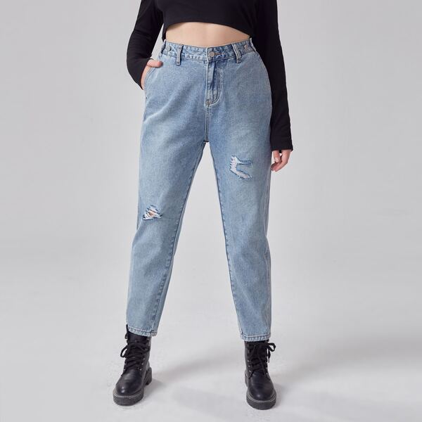 

Plus Ripped Washed Mom Jeans, Light wash