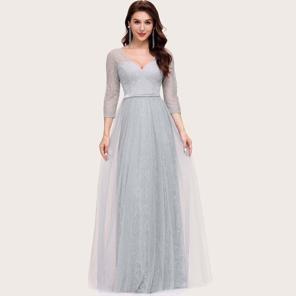

Double V Neck Lace Bodice Mesh Prom Dress, Grey
