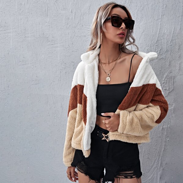 

Color Block Drop Shoulder Teddy Jacket, Multicolor