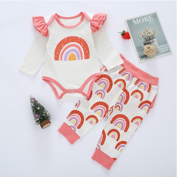 

Baby Girl Cartoon Graphic Layered Ruffle Tee Bodysuit With Sweatpants, Multicolor