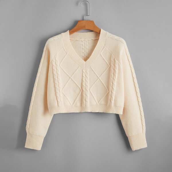 

V-neck Raglan Sleeve Cable Knit Sweater, Apricot