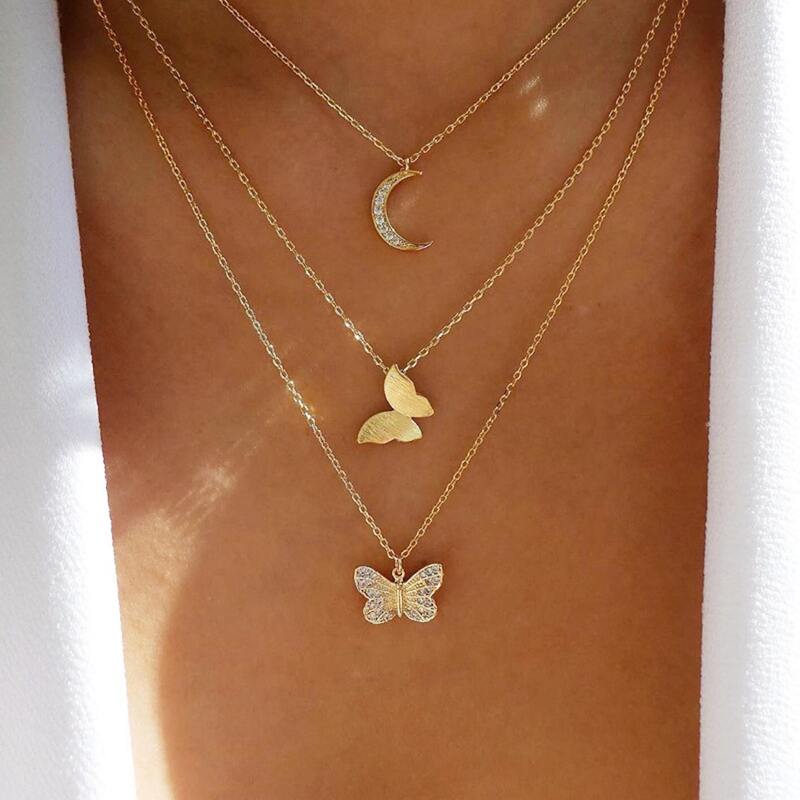 

Butterfly Pendant Layered Chain Necklace, Gold
