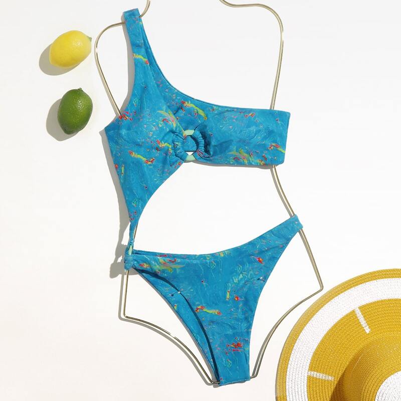 

One Shoulder Allover Print Cut-out One Piece Swimsuit, Blue
