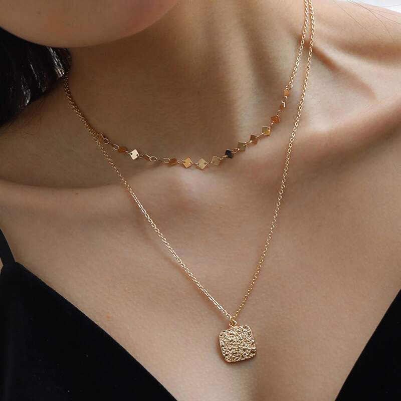 

Square Disc Charm Layered Chain Necklace, Gold