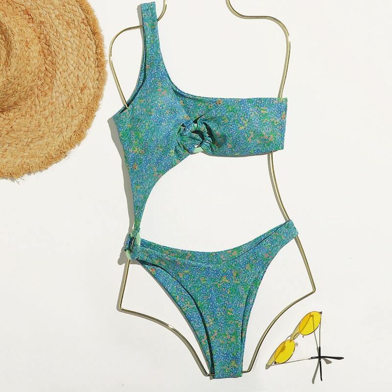 

One Shoulder Allover Print Cut-out One Piece Swimsuit, Cadet blue
