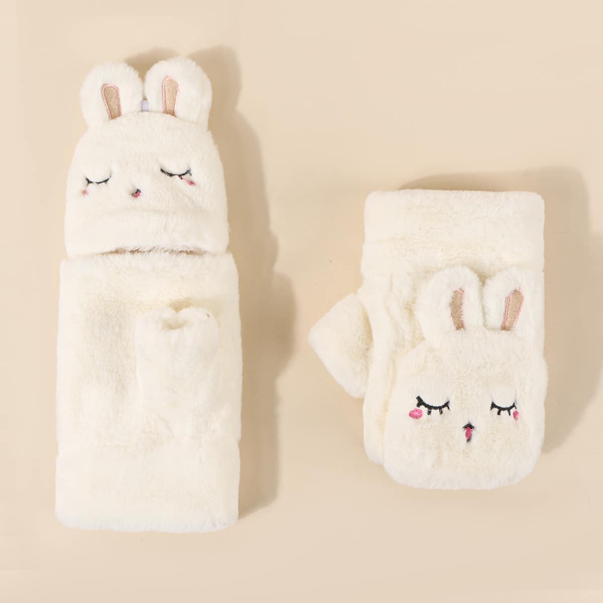 

Cartoon Fingerless Gloves With Mitten Flap, Beige