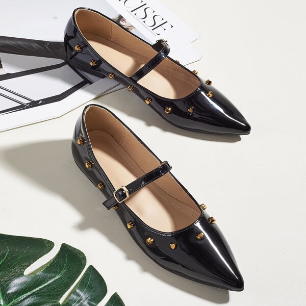 

Spiked Decor Mary Jane Flats, Black