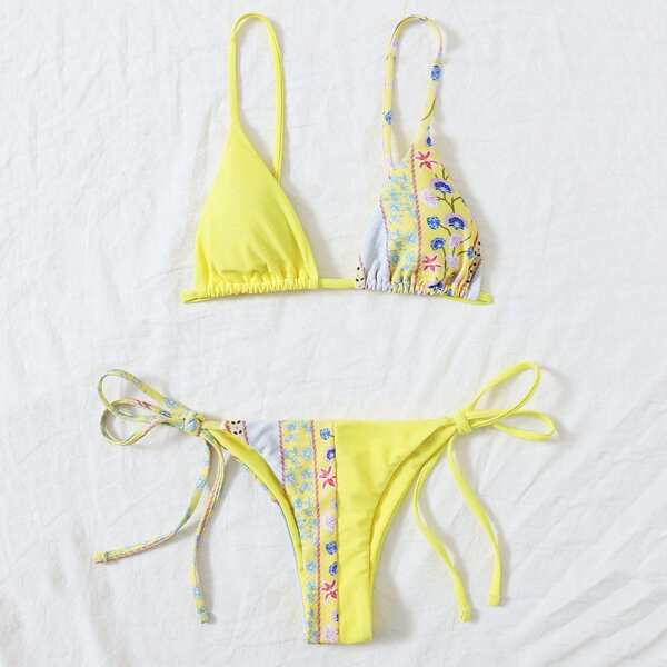 

Floral Triangle Tie Side Bikini Swimsuit, Yellow