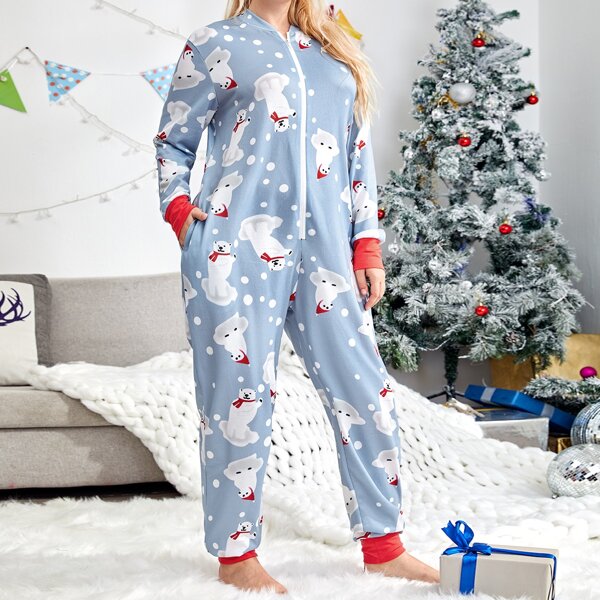 

Plus Christmas Print Zip Front Jumpsuit, Baby blue