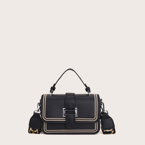 

Embroidered Detail Top Handle Satchel Bag, Black
