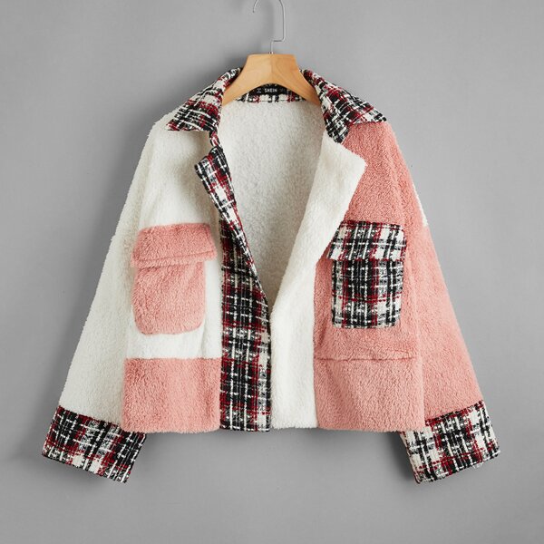 

Pocket Front Colorblock Teddy Jacket, Multicolor