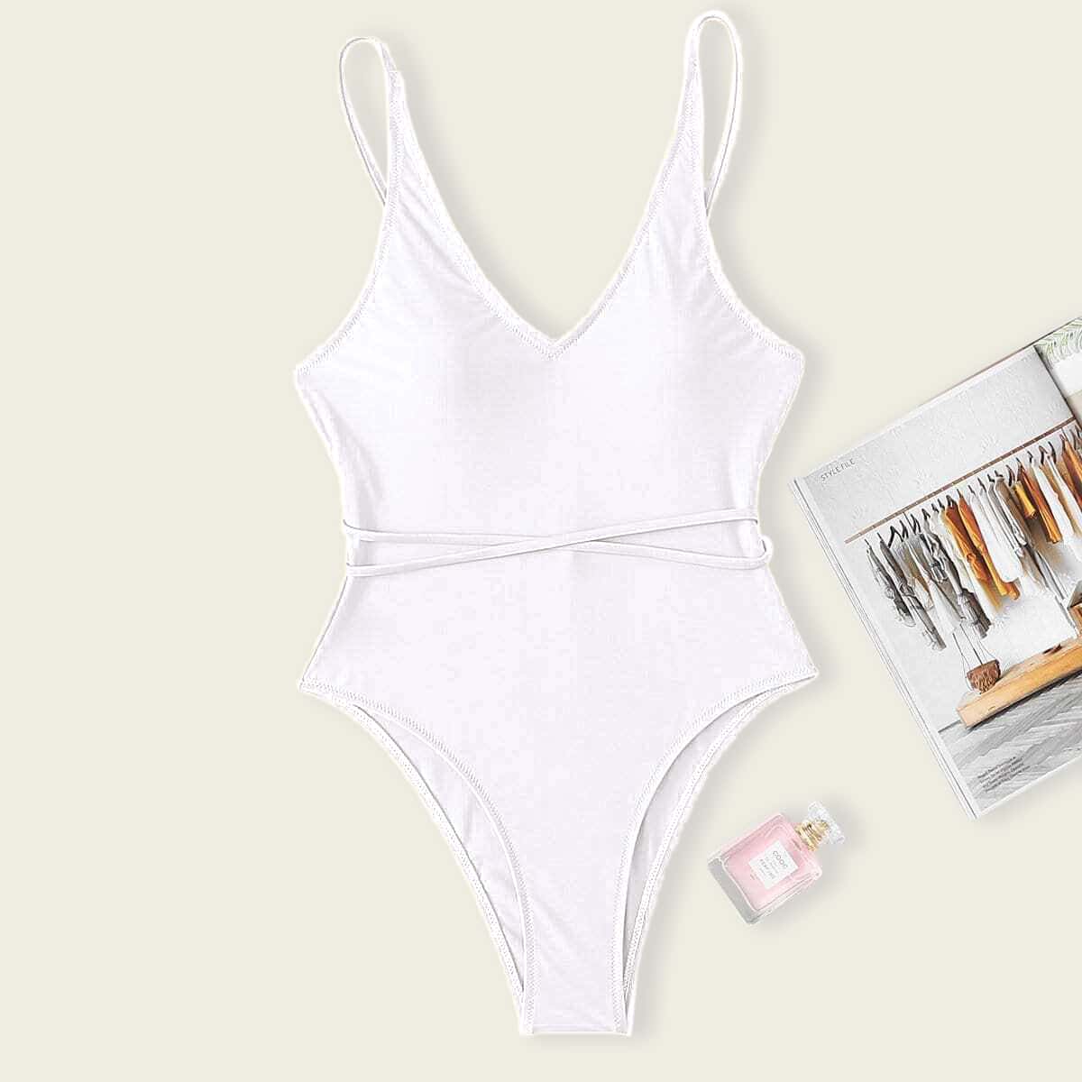 

Knot Detail Tie Back One Piece Swimsuit, White