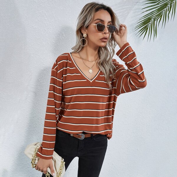 

Striped V Neck Drop Shoulder Tee, Burnt orange