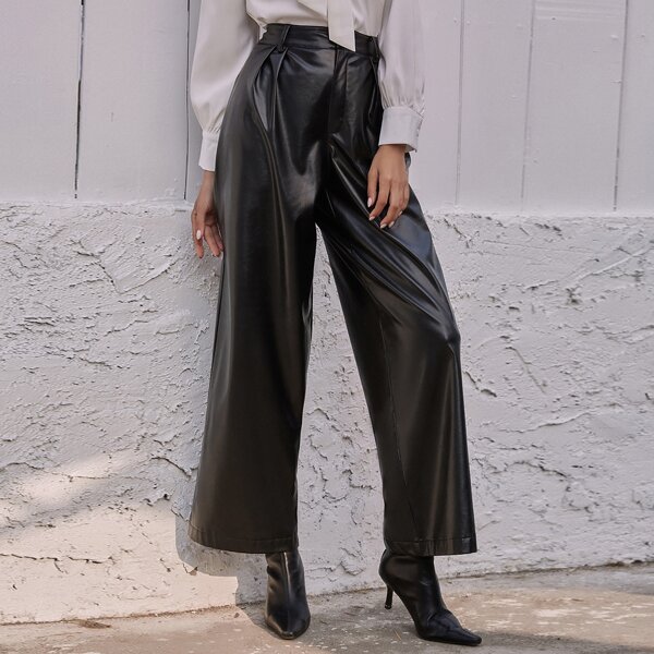 

High-rise Wide-leg PU Pants, Black