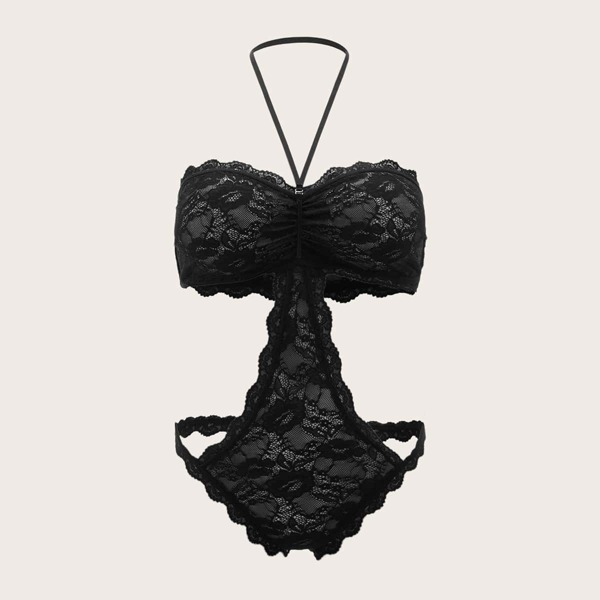 

Plus Floral Lace Cut-out Halter Teddy Bodysuit, Black