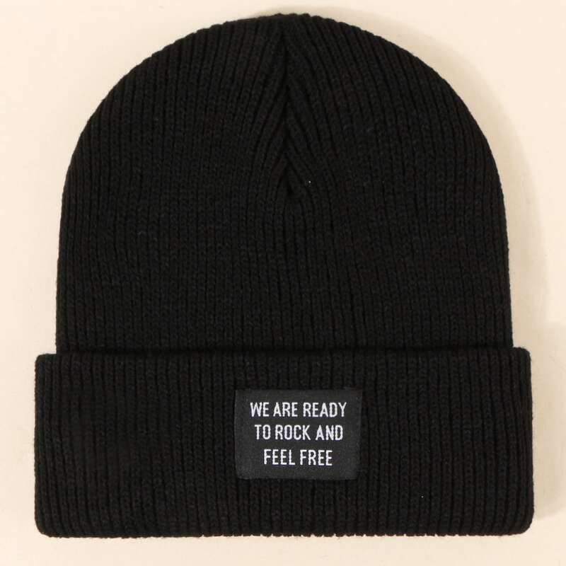 

Slogan Patch Knit Beanie, Black