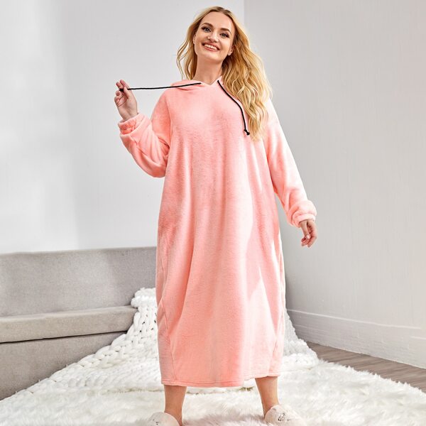 

Plus Teddy Drawstring Hooded Nightdress, Coral pink