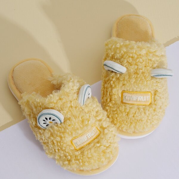 

Fruit Letter Embroidered Faux Fur Slippers, Yellow